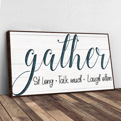 Gather Sign V canvas with whitewashed planks and dark blue script rustic wood frame on Tampa Home & Garden Store