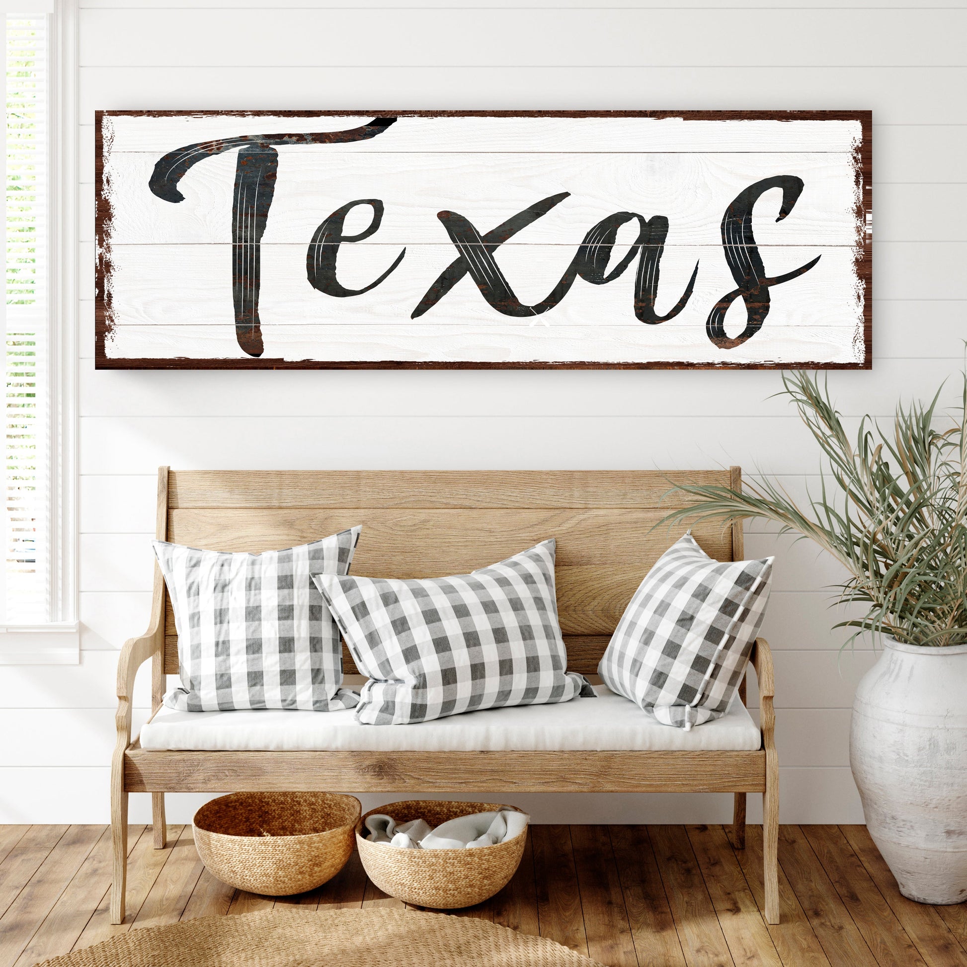Texas Home Sign III canvas wall art with white wood panels and dark script Tailored Canvases on Tampa Home & Garden Store