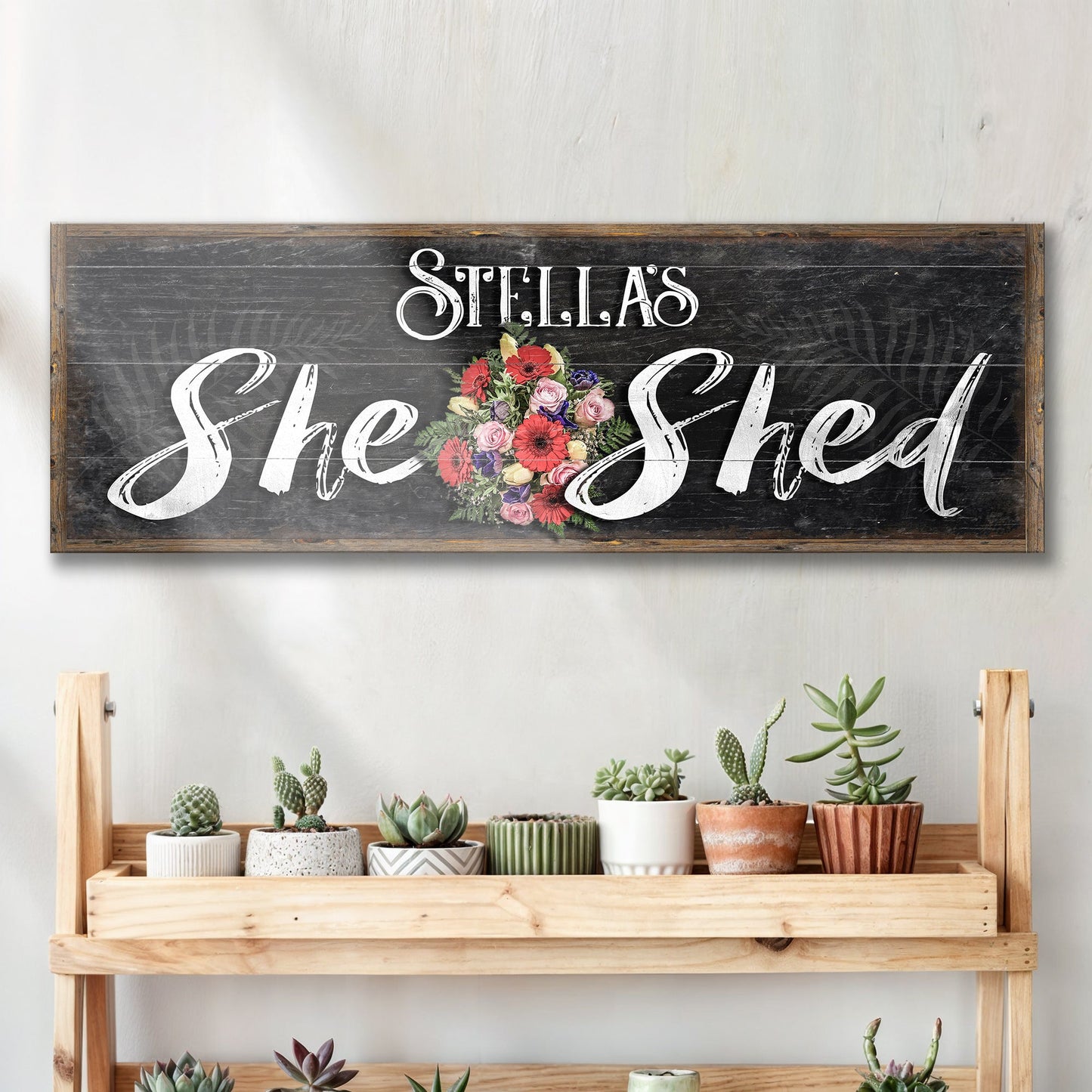 Personalized She Shed Sign VI canvas with chalkboard surface wood frame and floral bouquet on Tampa Home & Garden Store
