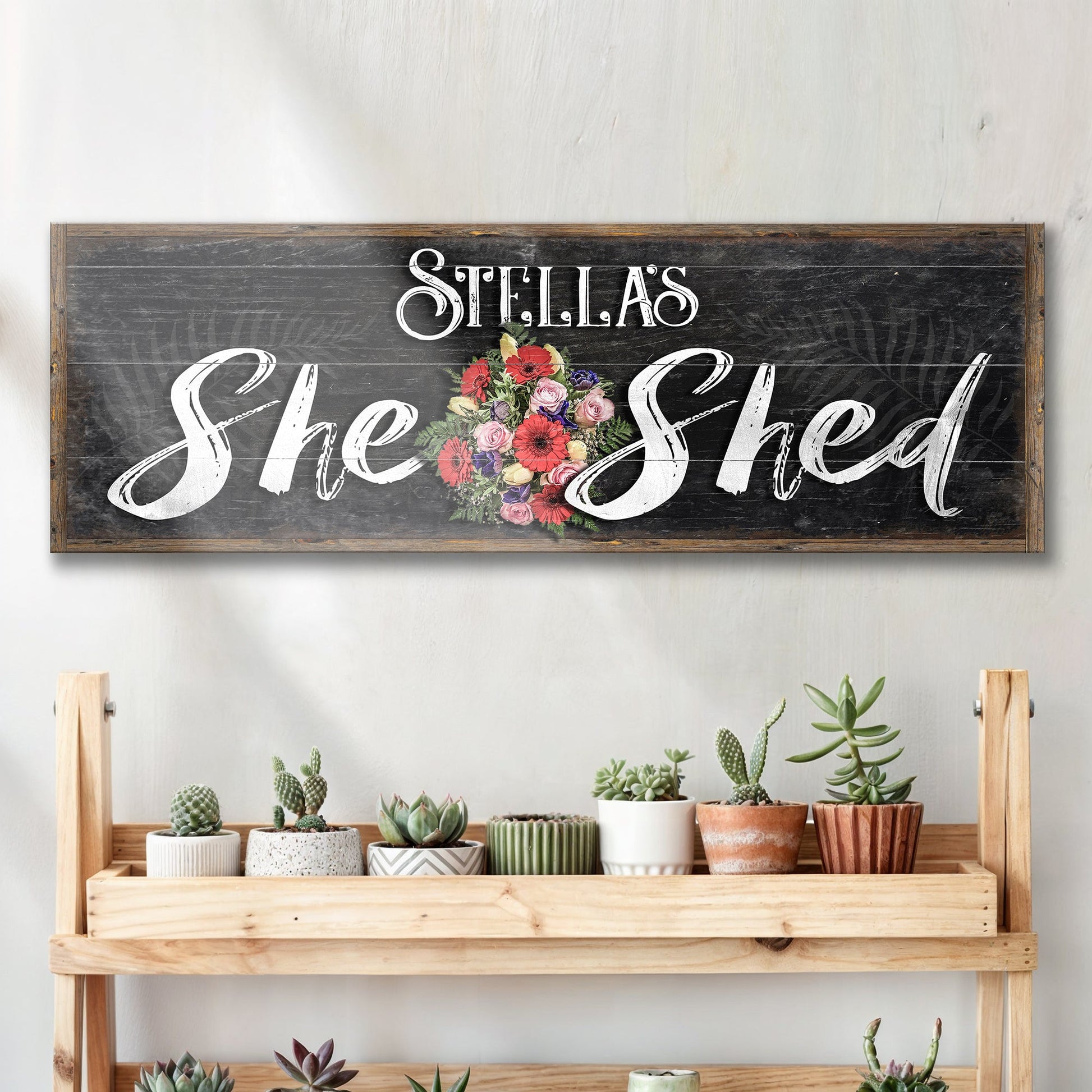 Personalized She Shed Sign VI canvas with chalkboard surface wood frame and floral bouquet on Tampa Home & Garden Store