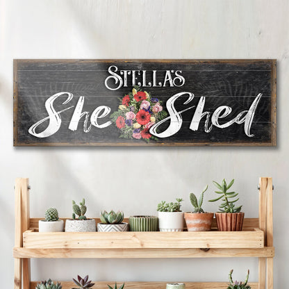 Personalized She Shed Sign VI canvas with chalkboard surface wood frame and floral bouquet on Tampa Home & Garden Store