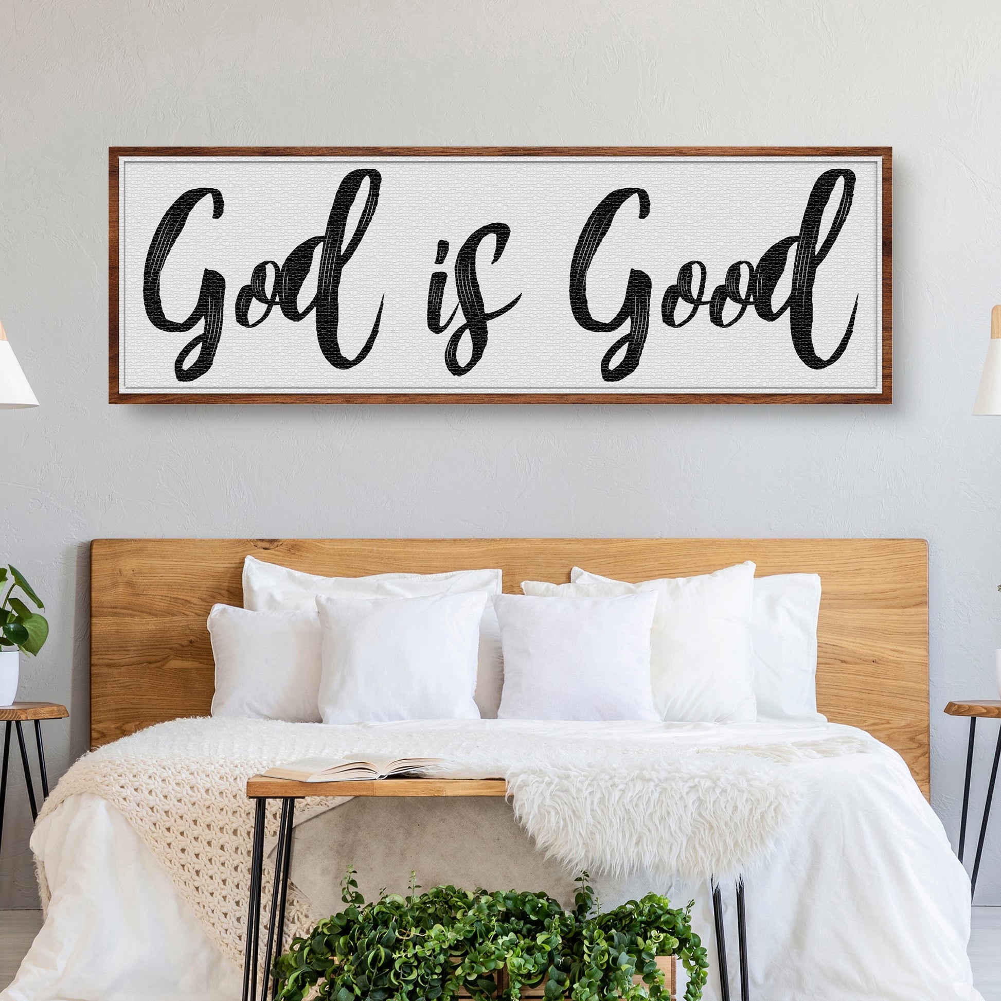 God Is Good Faith Sign III canvas with black script on white Tailored Canvases wood frame on Tampa Home & Garden Store