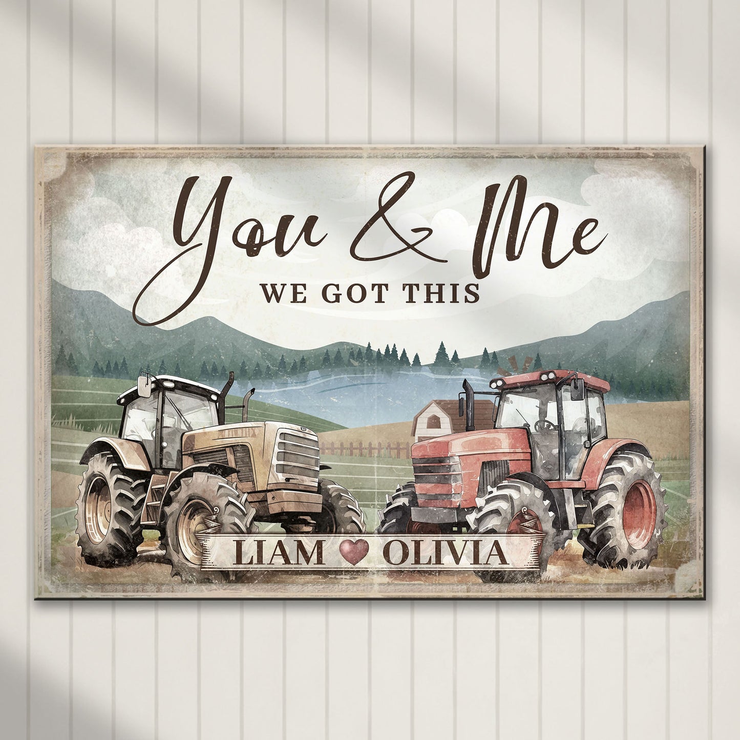 Tractor themed couple sign canvas with You & Me and LIAM ♥ OLIVIA text and two tractors on Tampa Home & Garden Store
