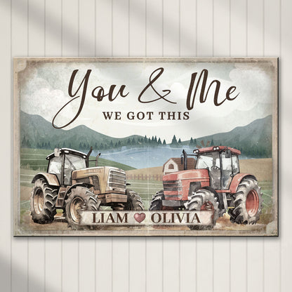 Tractor themed couple sign canvas with You & Me and LIAM ♥ OLIVIA text and two tractors on Tampa Home & Garden Store