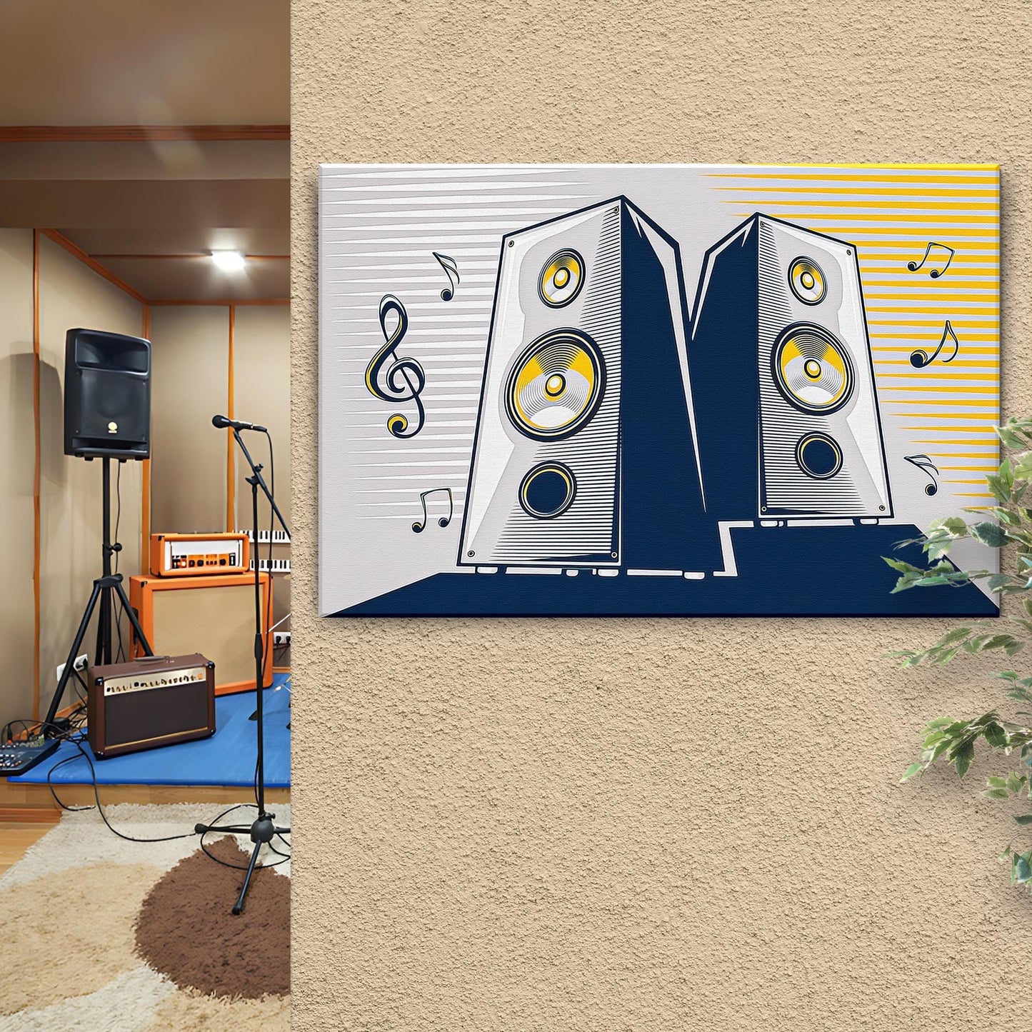 Music equipment speakers pop art canvas wall art in bold blue and yellow tones on Tampa Home & Garden Store