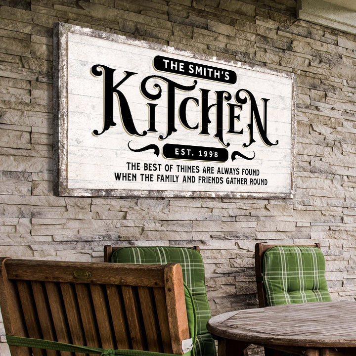 Kitchen Sign VII canvas Tailored Canvases white sign Smith's Kitchen EST 1998 on stone wall on Tampa Home & Garden Store