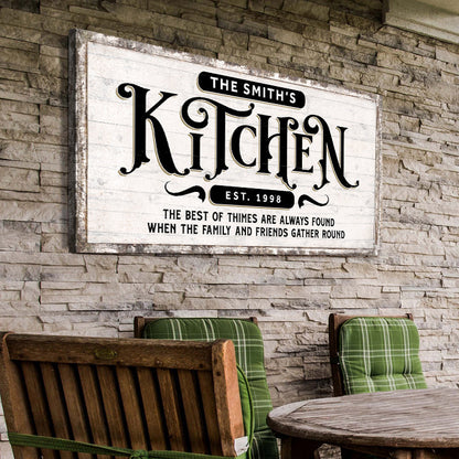 Kitchen Sign VII canvas Tailored Canvases white sign Smith's Kitchen EST 1998 on stone wall on Tampa Home & Garden Store