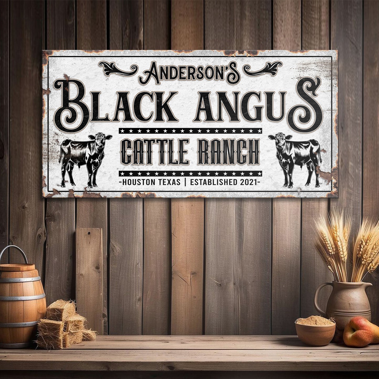 Canvas sign Black Angus Cattle by Tailored Canvases, distressed white sign with two cows on Tampa Home & Garden Store
