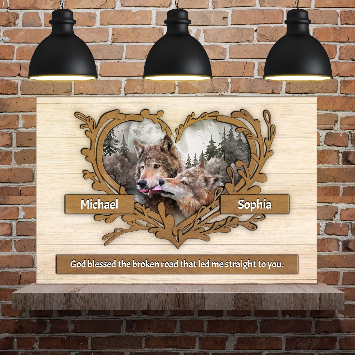Couple Wolves Sign II canvas by Tailored Canvases; rustic wolf artwork with Michael and Sophia on Tampa Home & Garden Store