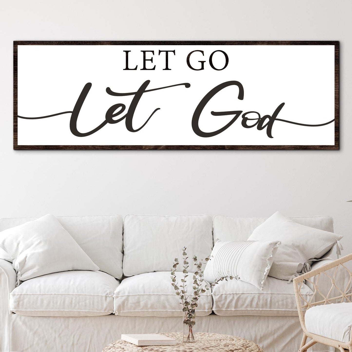 Let Go Let God Faith Sign III canvas with black script on white background, dark wood frame on Tampa Home & Garden Store