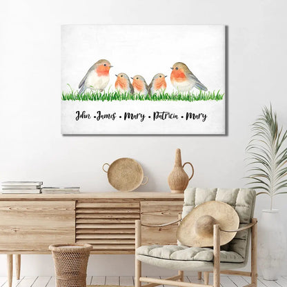 Family Flock of Birds Sign canvas wall art by Tailored Canvases with five rosy robins on grass on Tampa Home & Garden Store
