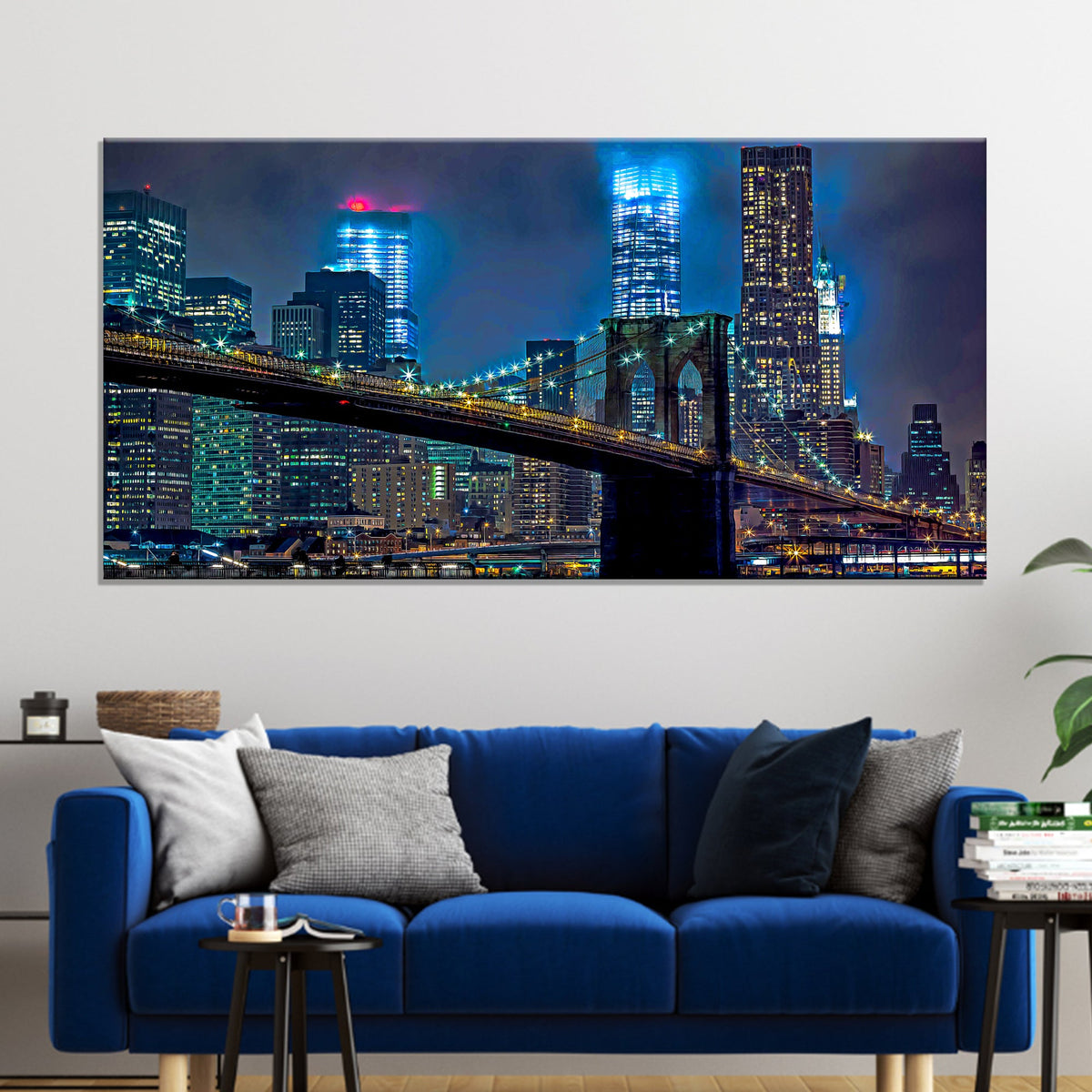 Brooklyn Bridge Night View Canvas Wall Art blue-lit city skyline craft canvas Tailored Canvases on Tampa Home & Garden Store