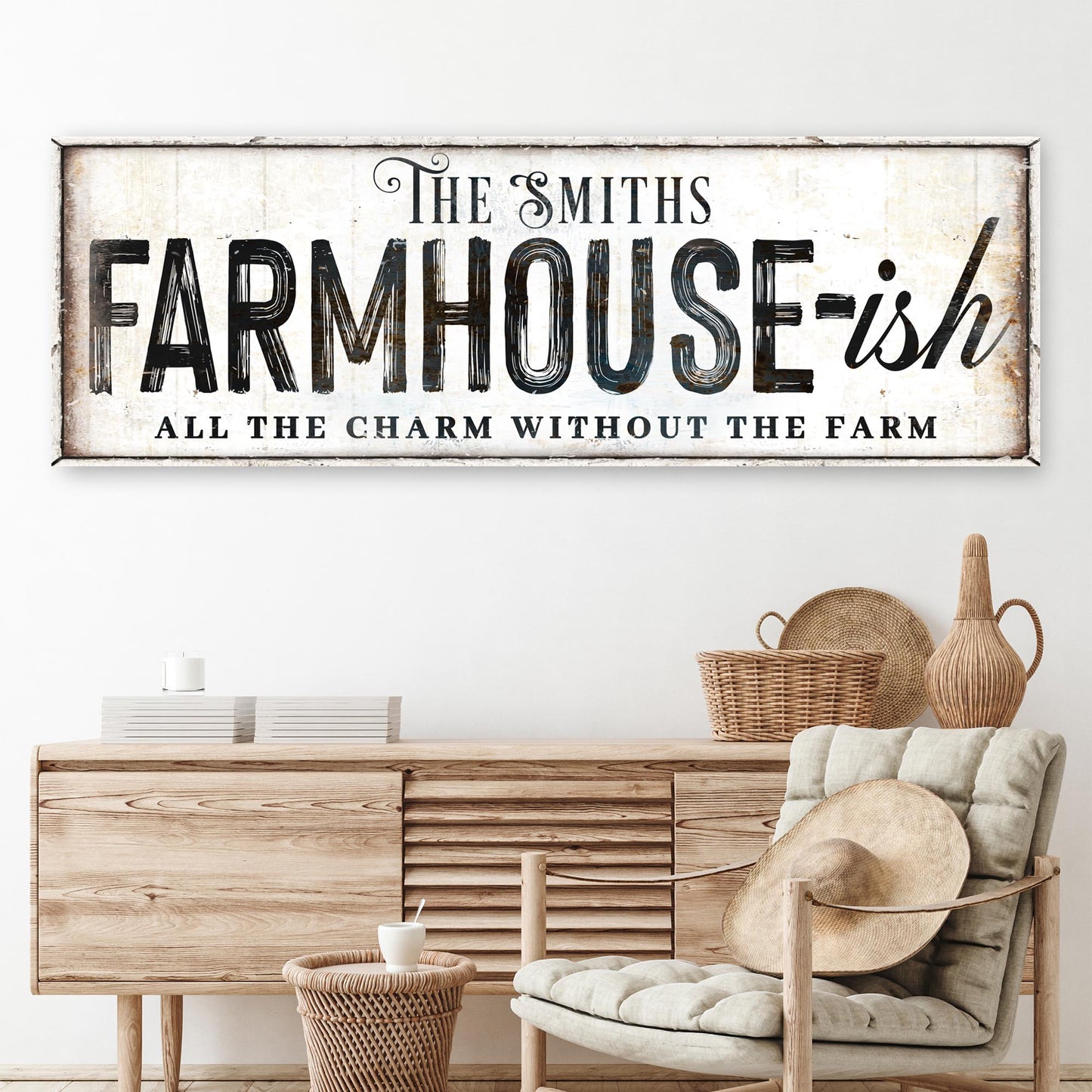 Farmhouse-Ish Sign V canvas by Tailored Canvases; aged white sign with bold FARMHOUSE text on Tampa Home & Garden Store