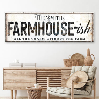 Farmhouse-Ish Sign V canvas by Tailored Canvases; aged white sign with bold FARMHOUSE text on Tampa Home & Garden Store