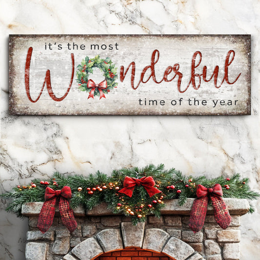 It's the most Wonderful Time of the Year Christmas Sign canvas with wreath on rustic backdrop on Tampa Home & Garden Store