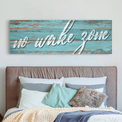 Canvas No Wake Zone Sign XIX by Tailored Canvases; teal weathered wood with white cursive lettering on Tampa Home & Garden Store