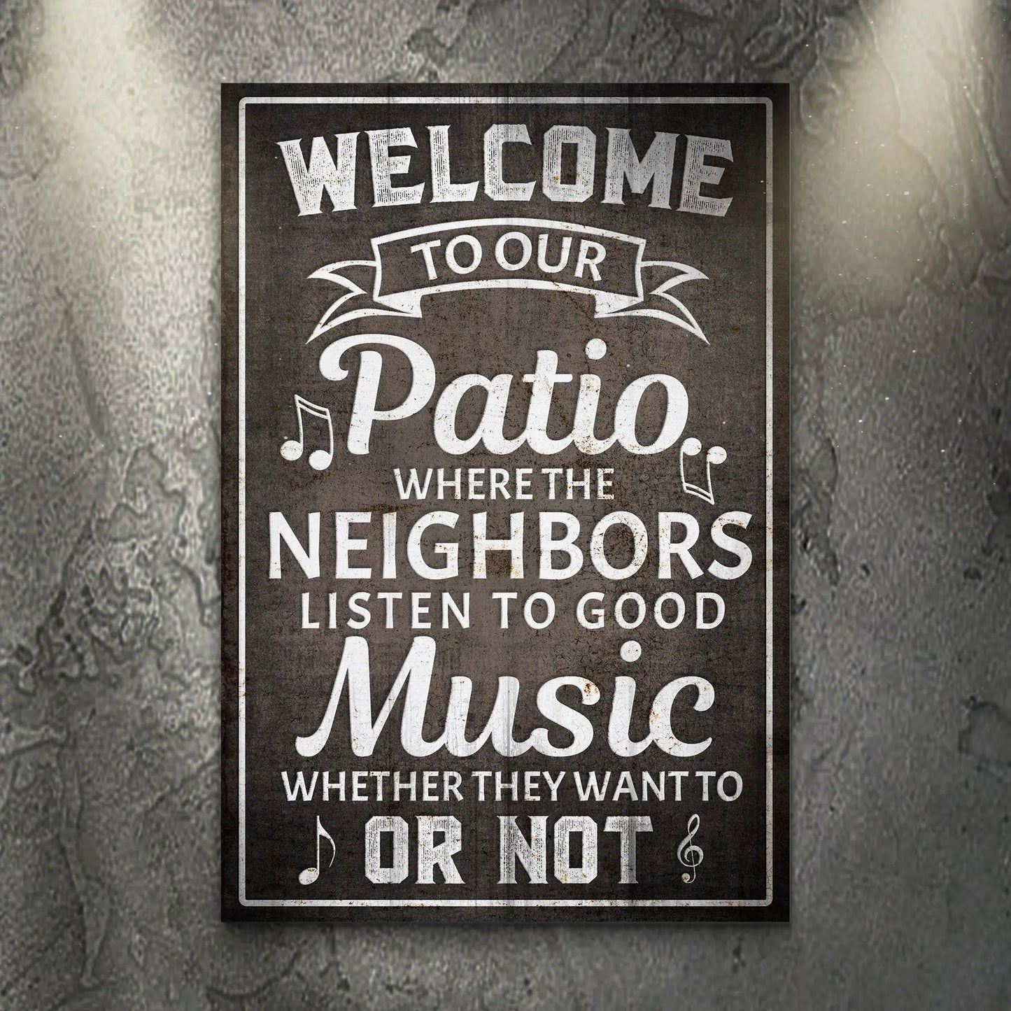 Canvas sign Welcome To Our Patio II by Tailored Canvases; black plaque with white lettering on Tampa Home & Garden Store