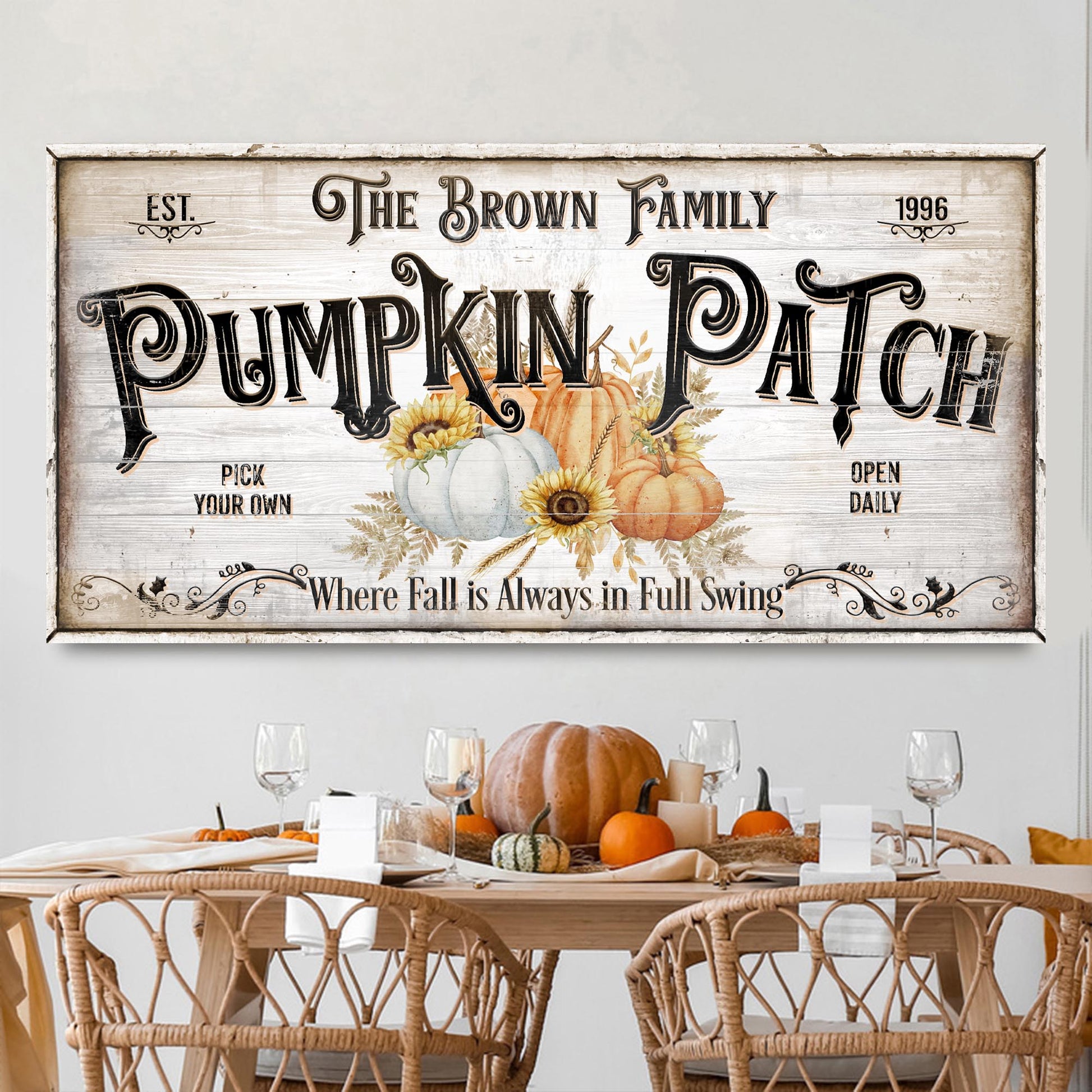 Personalized Pumpkin Patch Sign V canvas by Tailored Canvases, rustic wood sign with pumpkins on Tampa Home & Garden Store