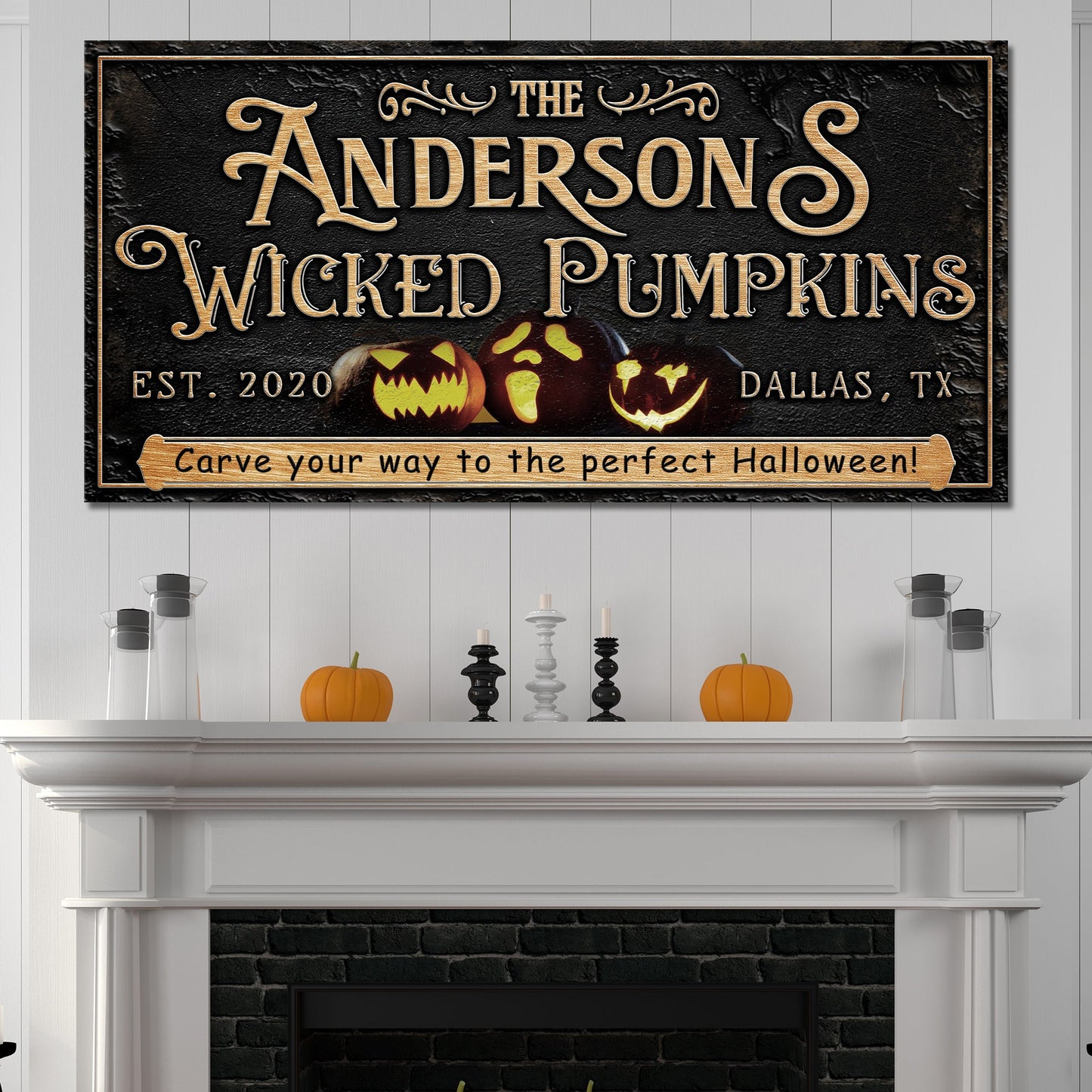 Personalized Wicked Pumpkins Halloween Sign canvas with black background and gold lettering on Tampa Home & Garden Store