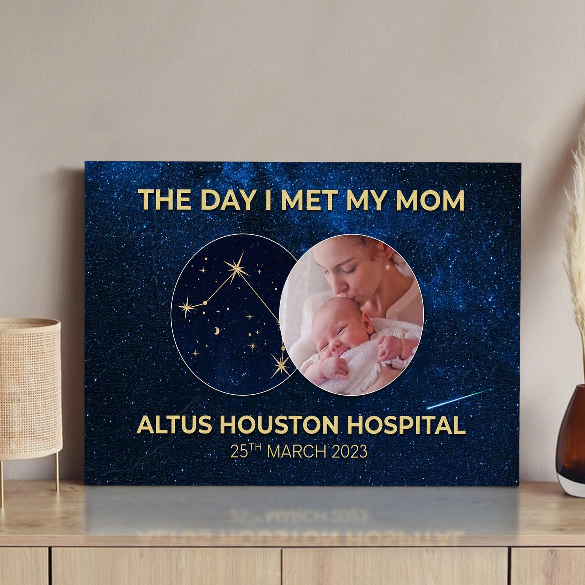 Mother's Day Sign canvas with starry backdrop, THE DAY I MET MY MOM and baby photo collage on Tampa Home & Garden Store