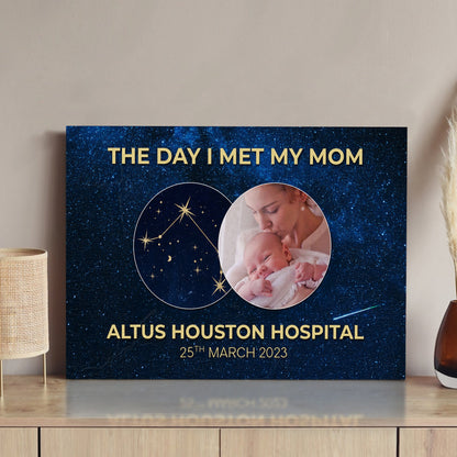 Mother's Day Sign canvas with starry backdrop, THE DAY I MET MY MOM and baby photo collage on Tampa Home & Garden Store