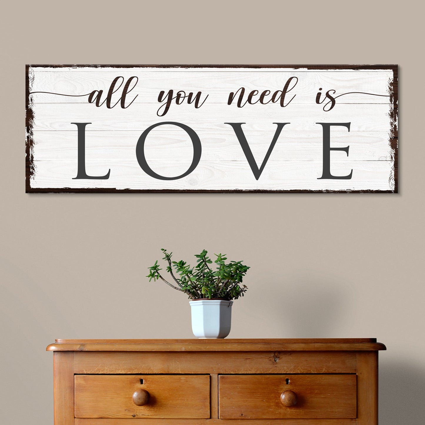 All You Need Is Love canvas sign on rustic whitewashed planks with dark frame Tailored Canvases on Tampa Home & Garden Store