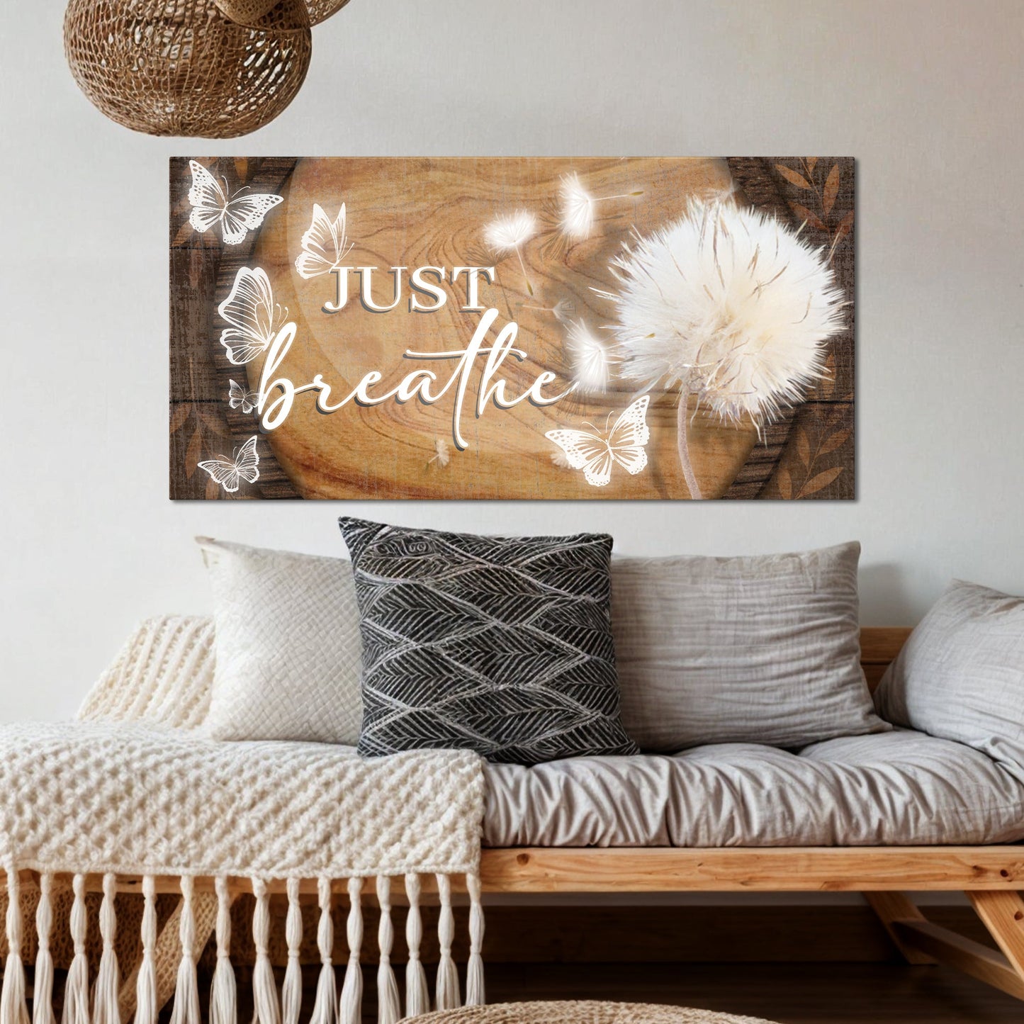 Just Breathe Sign XIII canvas wall art with white butterflies on rustic wood Tailored Canvases on Tampa Home & Garden Store