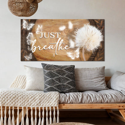 Just Breathe Sign XIII canvas wall art with white butterflies on rustic wood Tailored Canvases on Tampa Home & Garden Store