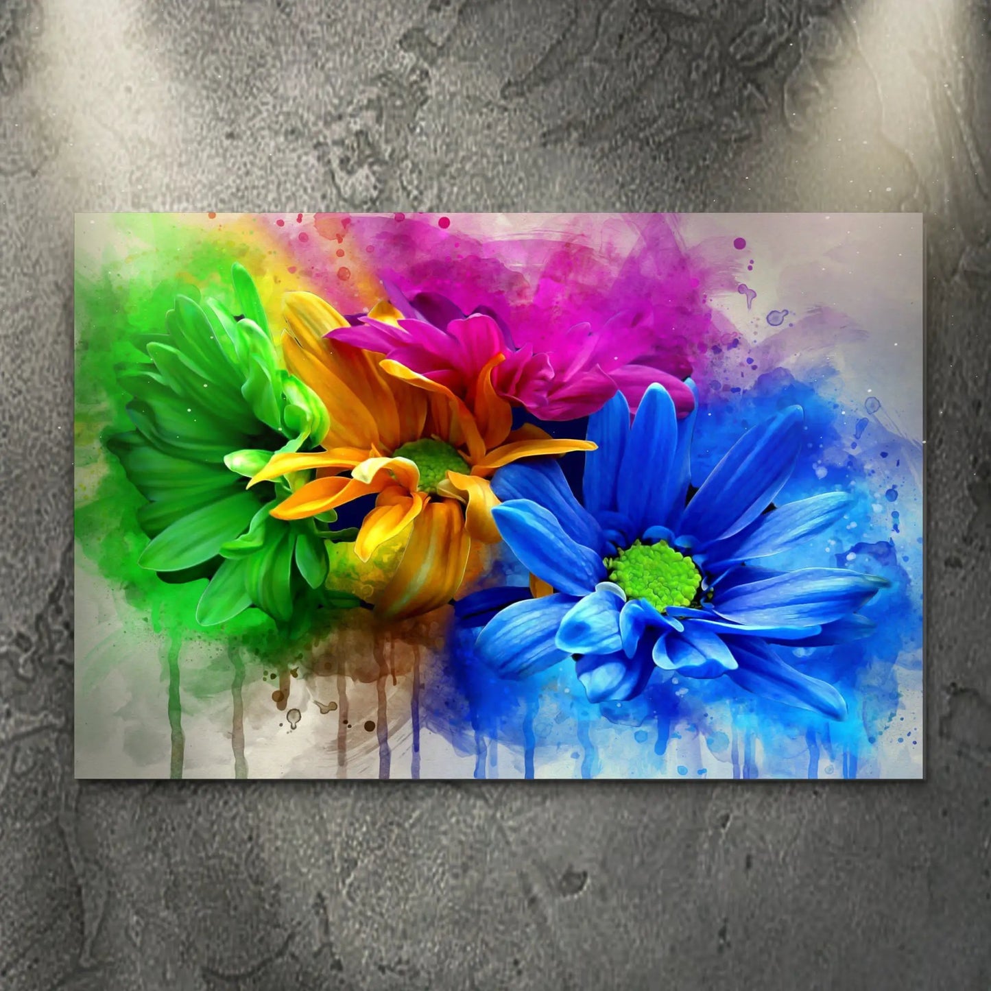 Watercolor Daisies Canvas Wall Art; vibrant multicolor blooms on a splashy background on Tampa Home & Garden Store