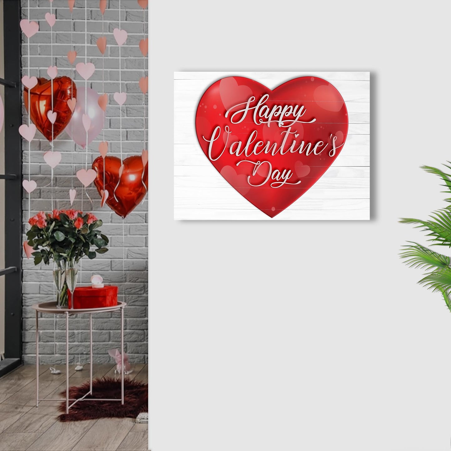 Valentines Day Sign IX canvas by Tailored Canvases with a large red heart on white wood planks on Tampa Home & Garden Store