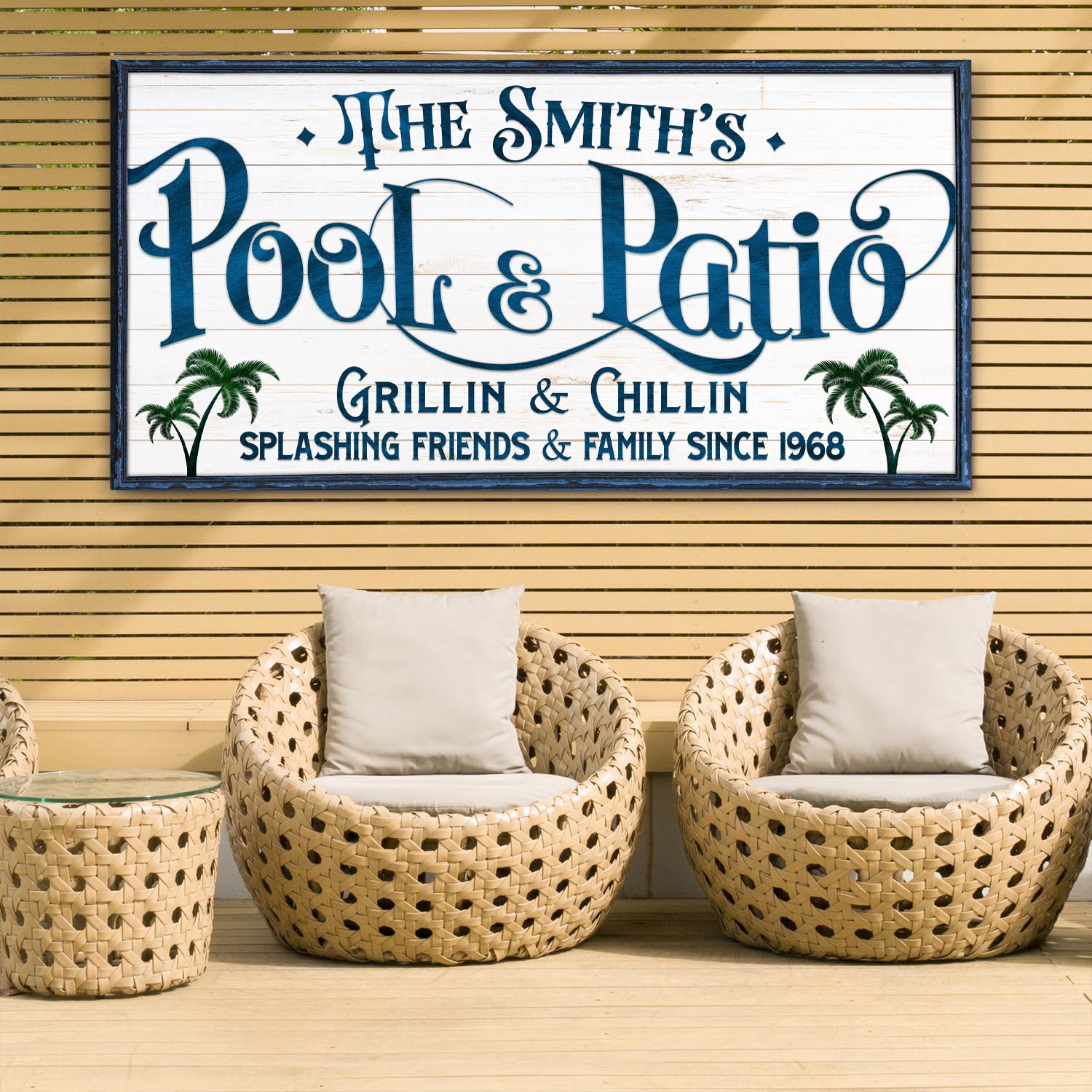 Personalized Pool Bar Sign II canvas wall art with navy script and palm trees on white wood on Tampa Home & Garden Store