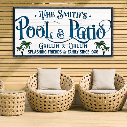 Personalized Pool Bar Sign II canvas wall art with navy script and palm trees on white wood on Tampa Home & Garden Store