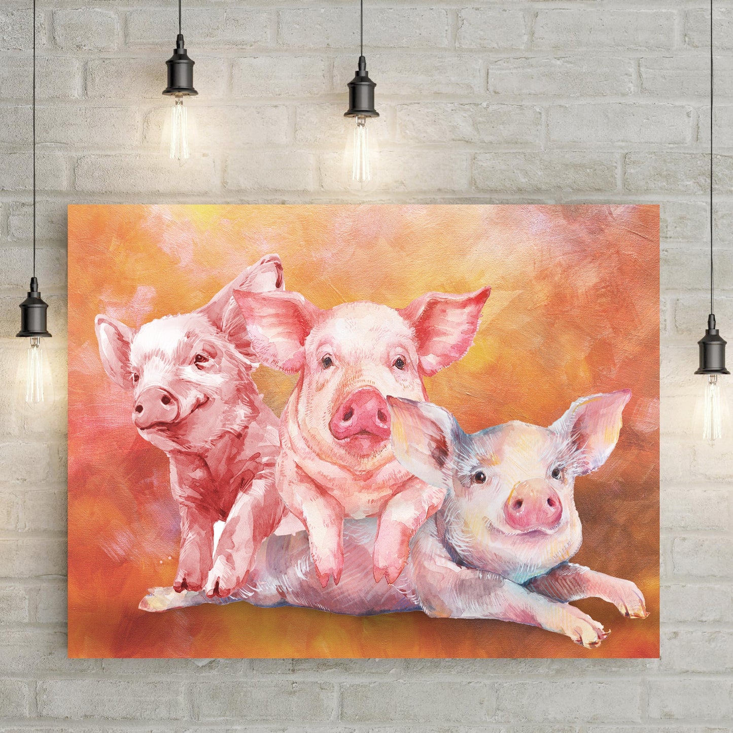 Three Baby Pigs watercolor canvas wall art, pink piglets on warm orange background on Tampa Home & Garden Store