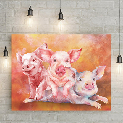 Three Baby Pigs watercolor canvas wall art, pink piglets on warm orange background on Tampa Home & Garden Store