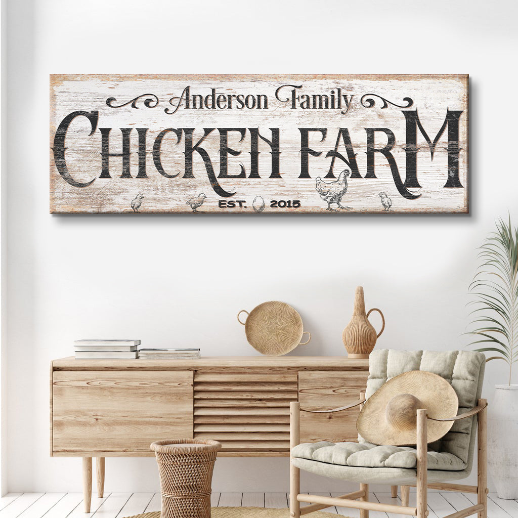 Chicken Farm Farmhouse Sign III canvas wall art with distressed whitewashed wood look on Tampa Home & Garden Store