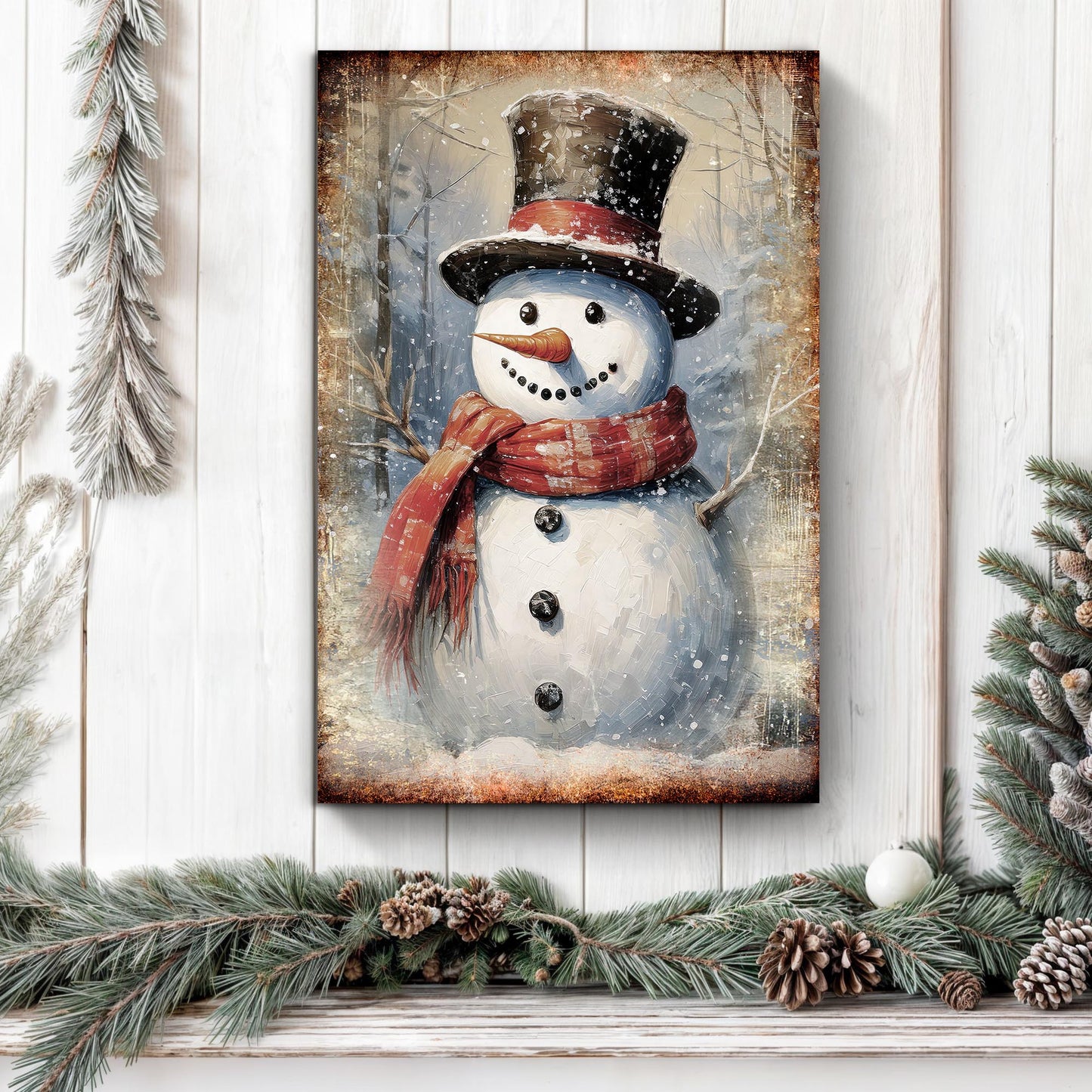 Vintage snowman Christmas wall art canvas by Tailored Canvases with red scarf on Tampa Home & Garden Store