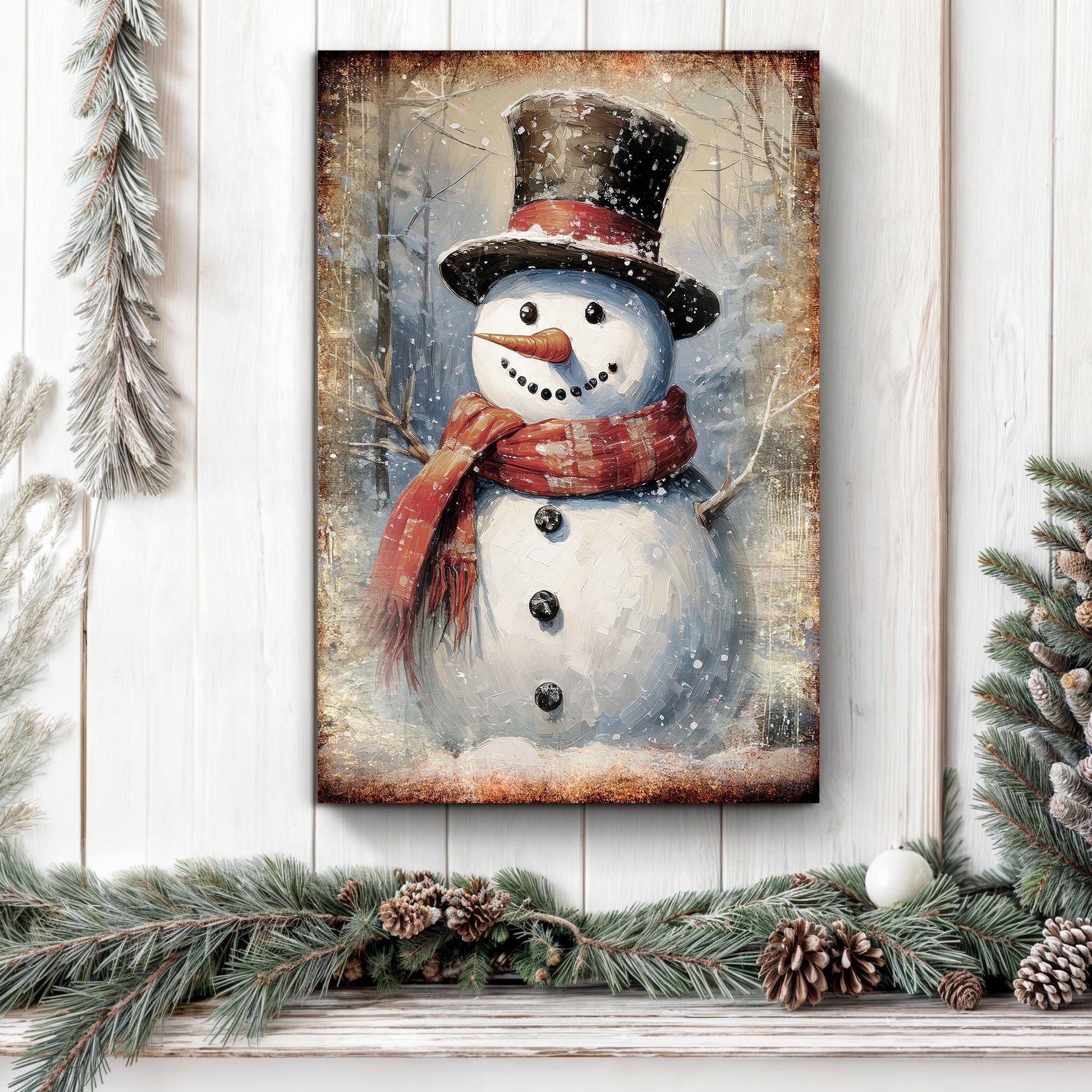 Vintage snowman Christmas wall art canvas by Tailored Canvases with red scarf on Tampa Home & Garden Store