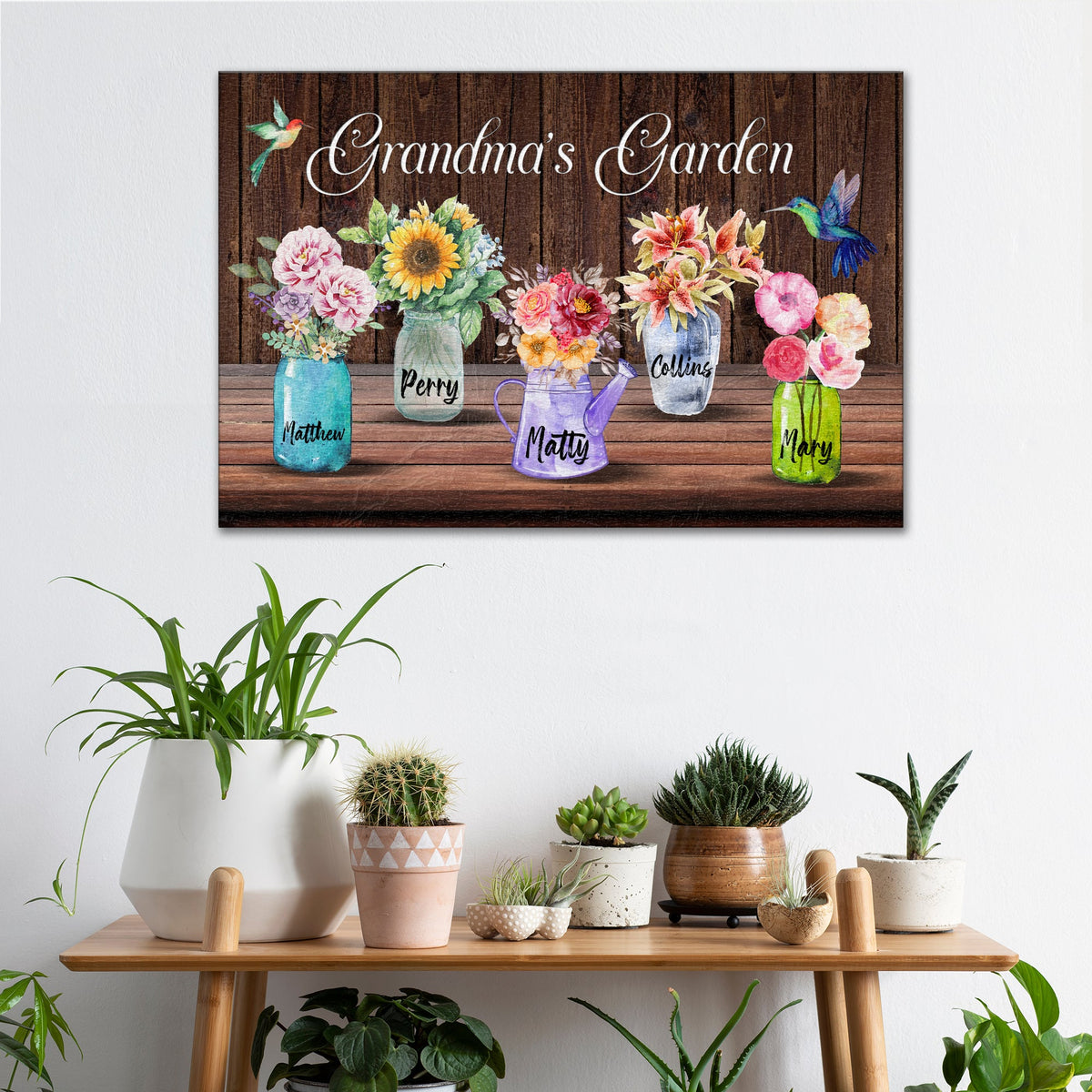Grandma's Garden canvas sign with colorful flower jars on wood backdrop Tailored Canvases on Tampa Home & Garden Store