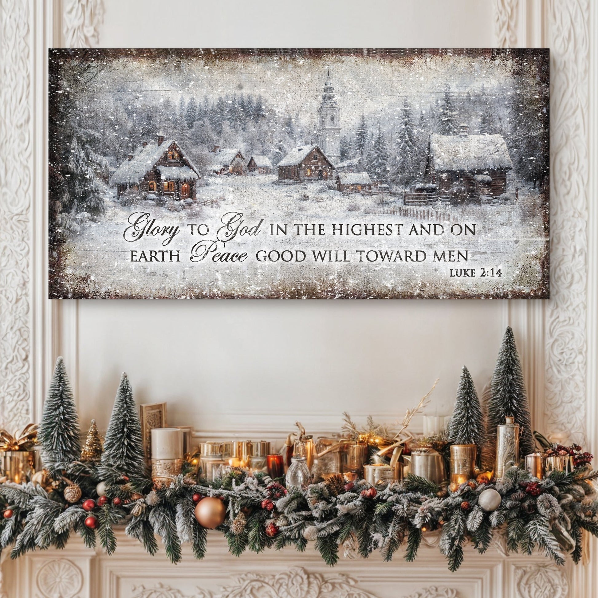 Canvas Vintage Christmas Village Luke 2:14 scripture sign with snowy village Tailored Canvases on Tampa Home & Garden Store