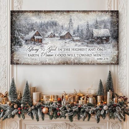 Canvas Vintage Christmas Village Luke 2:14 scripture sign with snowy village Tailored Canvases on Tampa Home & Garden Store