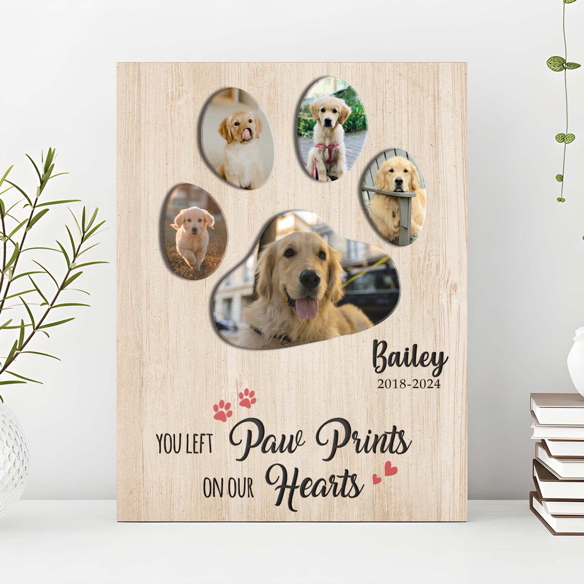 Pet memorial canvas sign You Left Paw Prints On Our Hearts II with oval photo mirrors on wood on Tampa Home & Garden Store