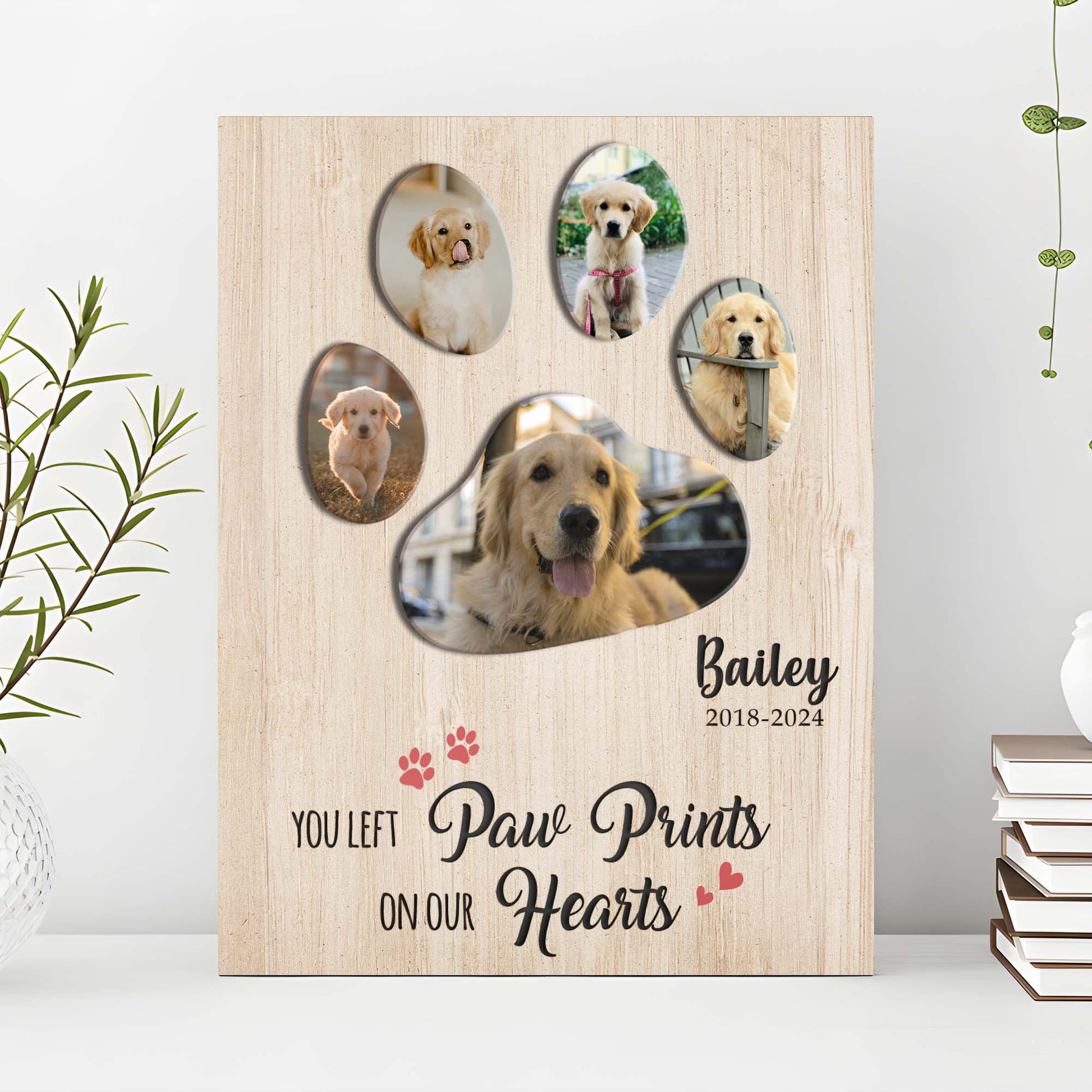 Pet memorial canvas sign You Left Paw Prints On Our Hearts II with oval photo mirrors on wood on Tampa Home & Garden Store