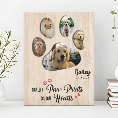 Pet memorial canvas sign You Left Paw Prints On Our Hearts II with oval photo mirrors on wood on Tampa Home & Garden Store