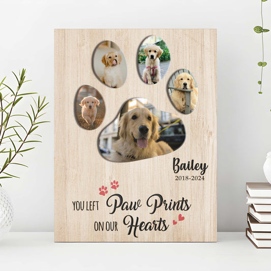 Pet memorial canvas sign You Left Paw Prints On Our Hearts II with oval photo mirrors on wood on Tampa Home & Garden Store
