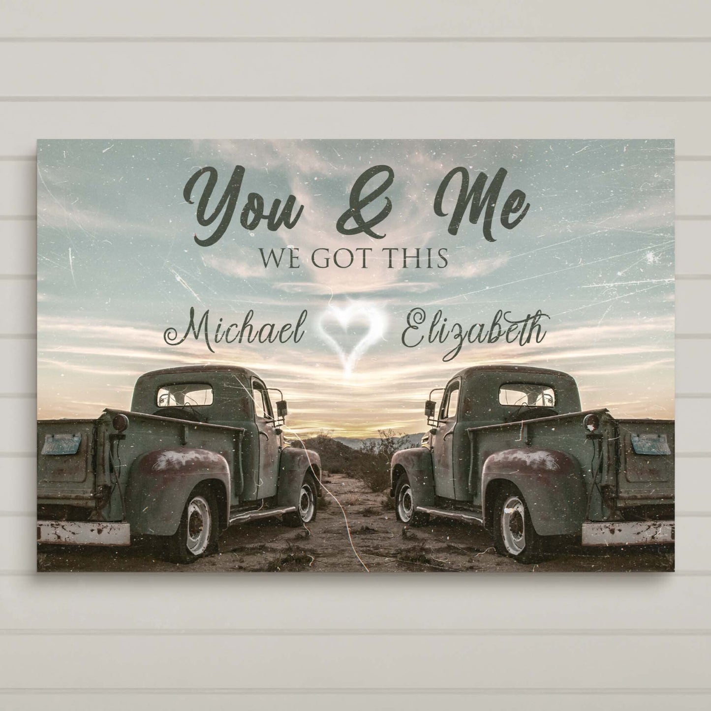 Canvas sign with vintage truck design featuring two trucks, You & Me and We Got This text on Tampa Home & Garden Store