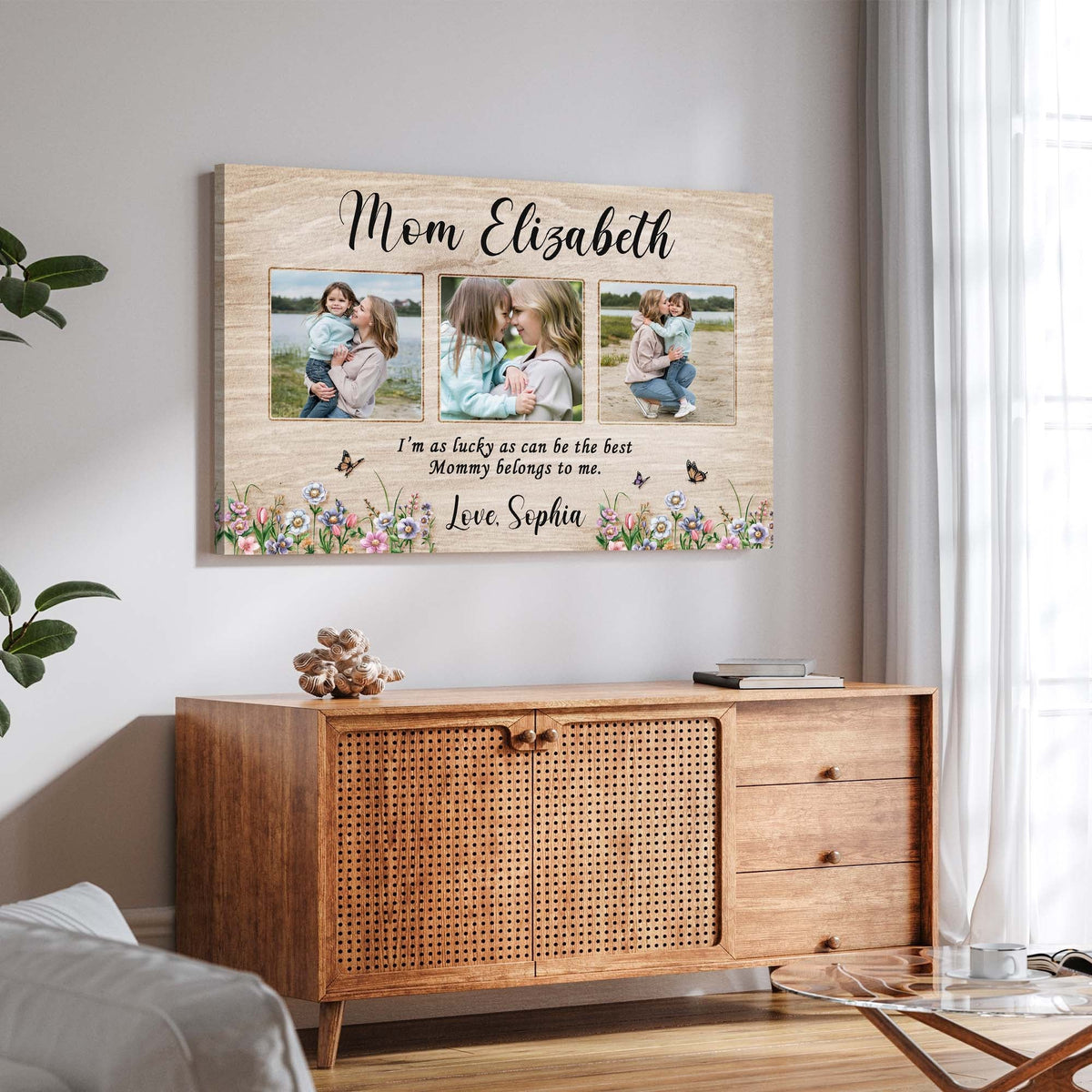 Canvas photo collage Tailored Canvases featuring Mom Elizabeth with 3 photos on woodgrain on Tampa Home & Garden Store