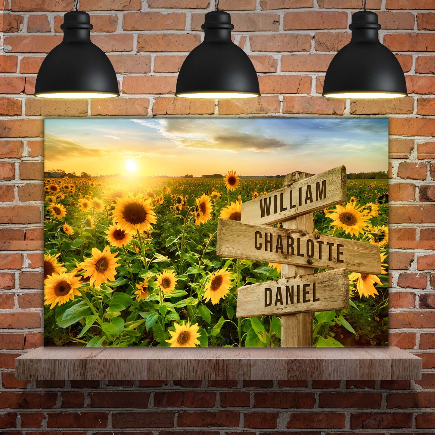 Sunflower Field Family Names Sign canvas by Tailored Canvases with 3 wooden name boards on Tampa Home & Garden Store