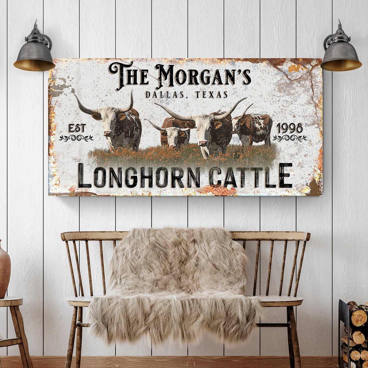 Personalized longhorn cattle sign canvas with The Morgan's Dallas, Texas EST 1998 and rustic distressed border on Tampa Home & Garden Store