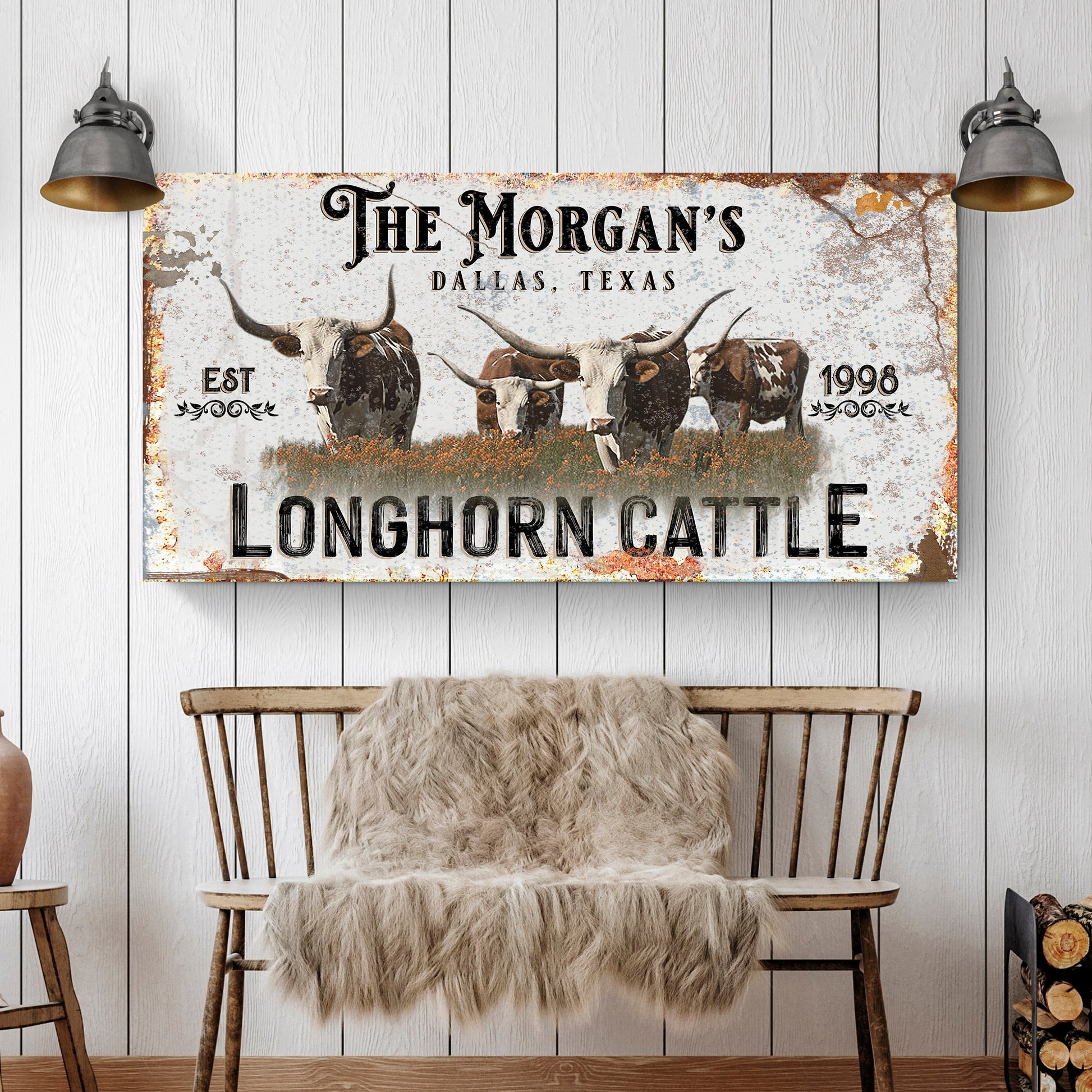 Personalized longhorn cattle sign canvas with The Morgan's Dallas, Texas EST 1998 and rustic distressed border on Tampa Home & Garden Store