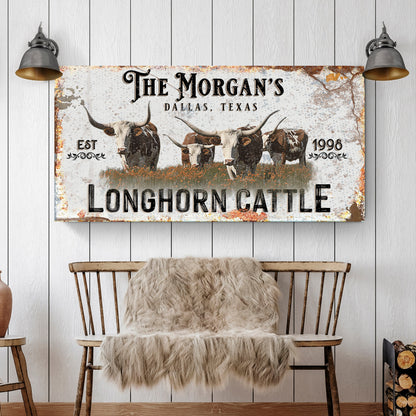 Personalized longhorn cattle sign canvas with The Morgan's Dallas, Texas EST 1998 and rustic distressed border on Tampa Home & Garden Store